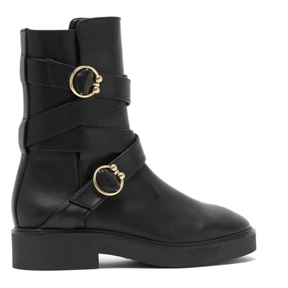 $750 Stuart Weitzman Luxering Double Zip Bootie BLACK LEATHER GOLD METAL 8 (PA18